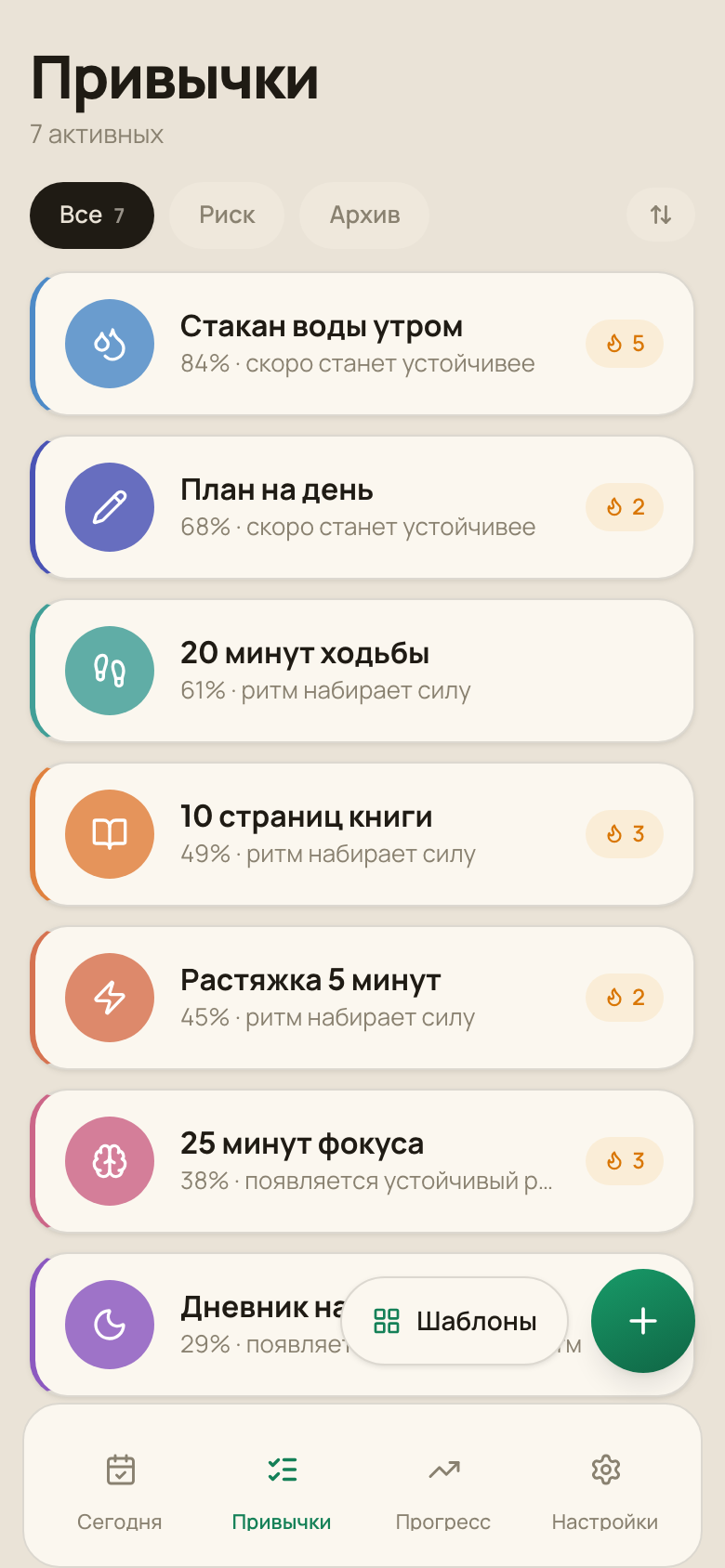 Экран «Привычки»: список всех привычек с процентом и статусом